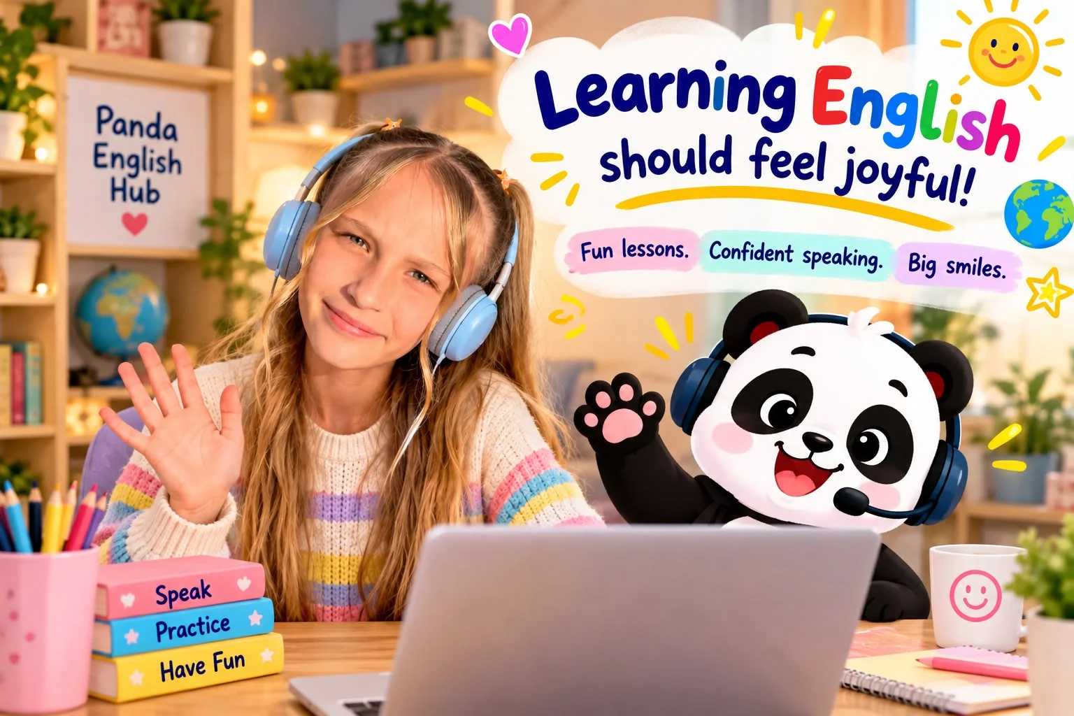 Happy child smiling while using a laptop at home during an online English lesson