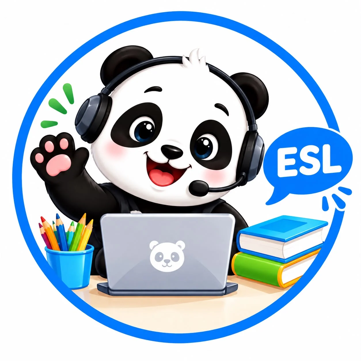 Cute panda mascot wearing headphones waving hello as the Panda English Hub teacher